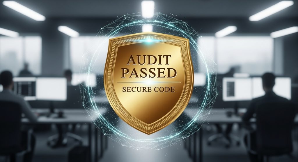 소스코드 분석이 완료되었음을 상징하는 황금빛 오딧 인증 엠블럼과 보호막