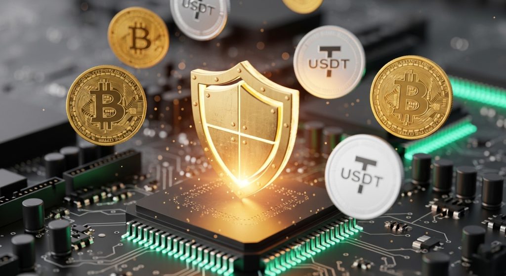 디지털 자산과 데이터 분석 결과물을 보호하는 황금색 보안 방패 심볼